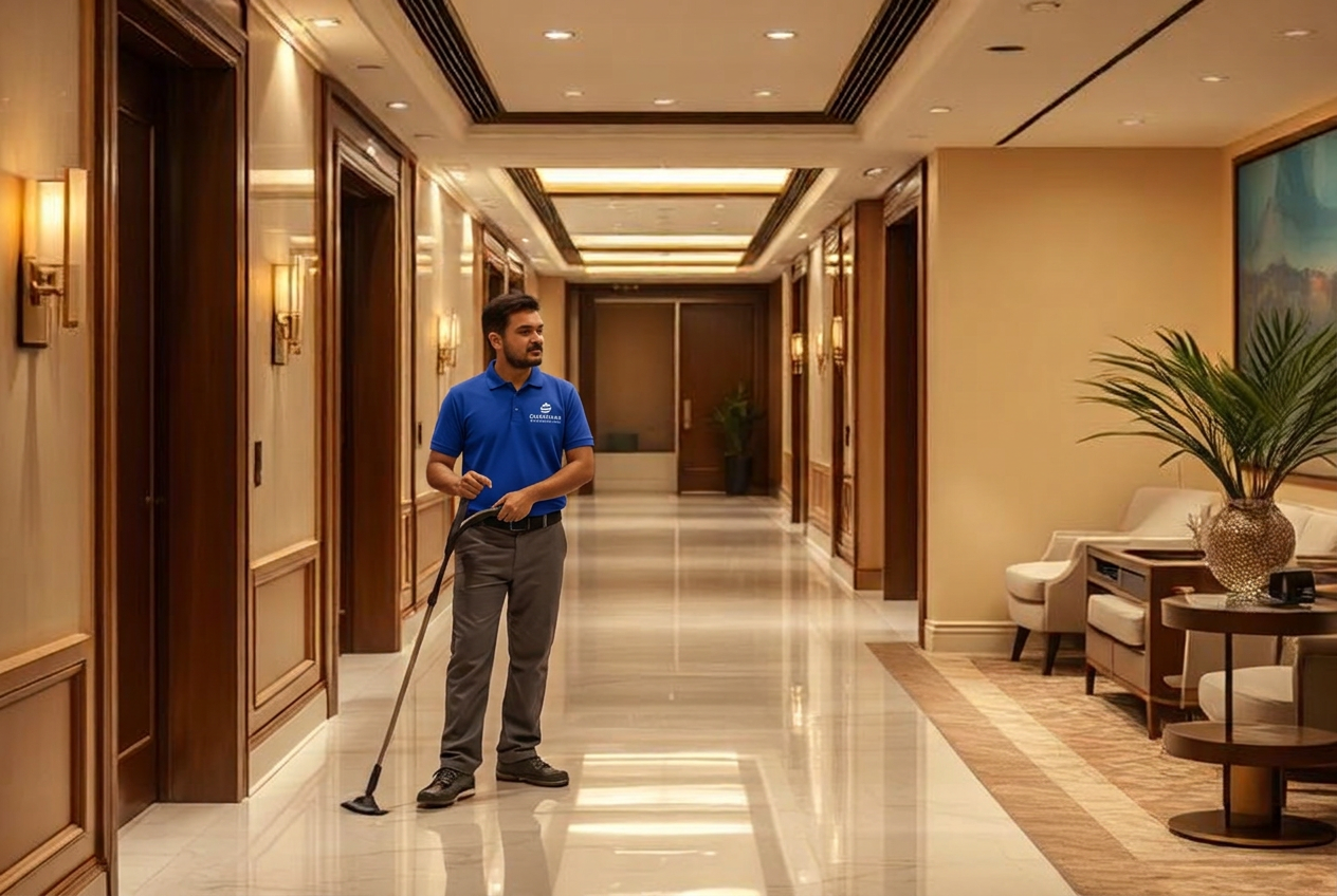 Cleaning professional maintaining a condominium common hallway