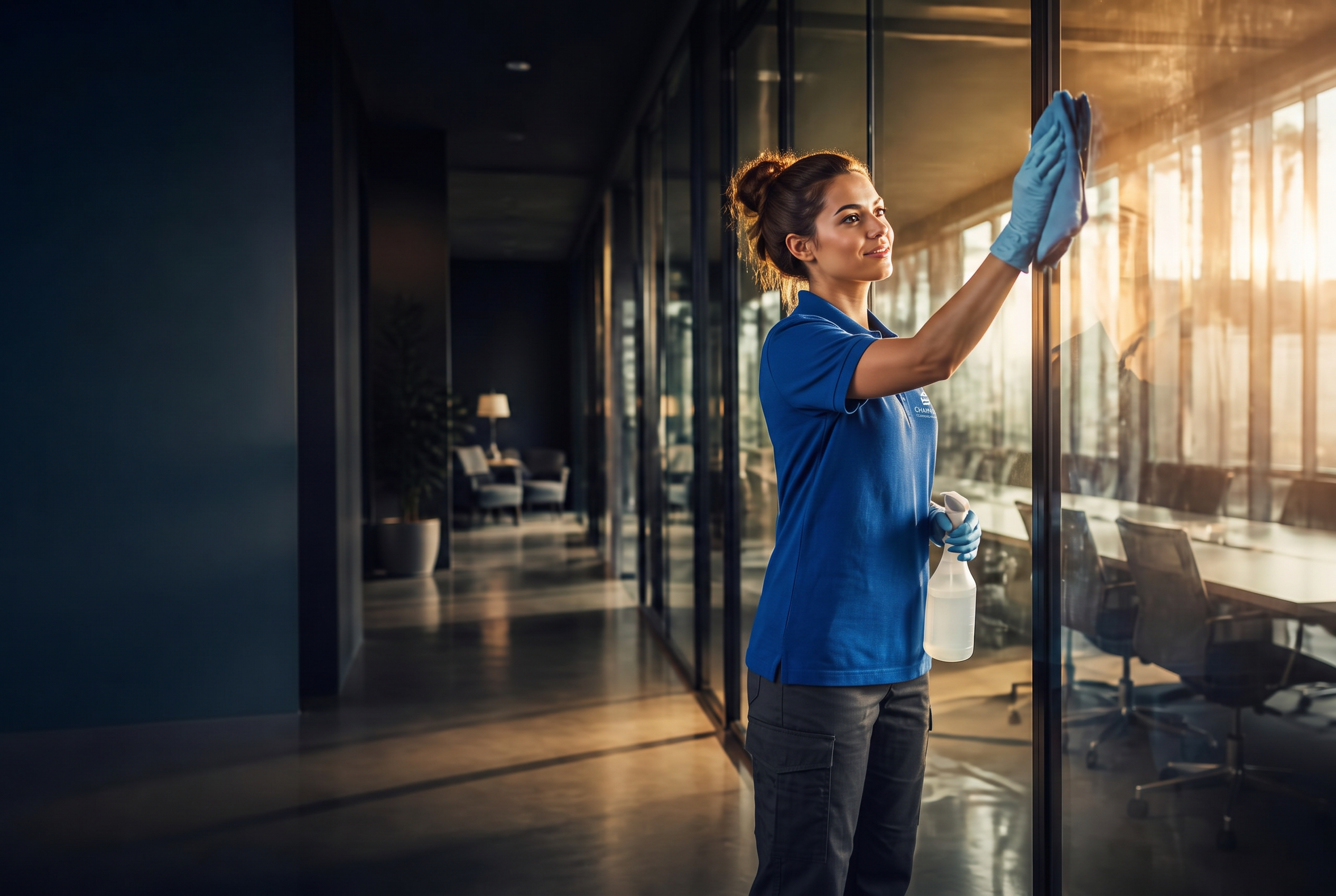 Commercial cleaning professional polishing glass office partitions in a modern workspace