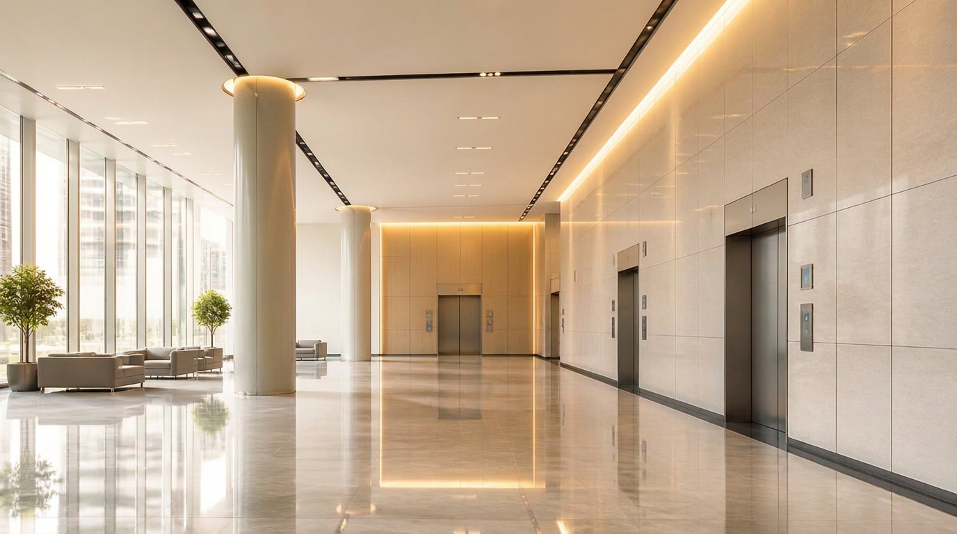 Spotless modern commercial building lobby with polished floors